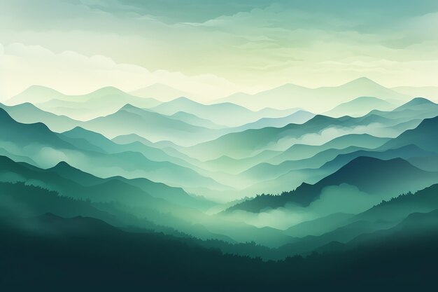 A landscape of mountains with fog