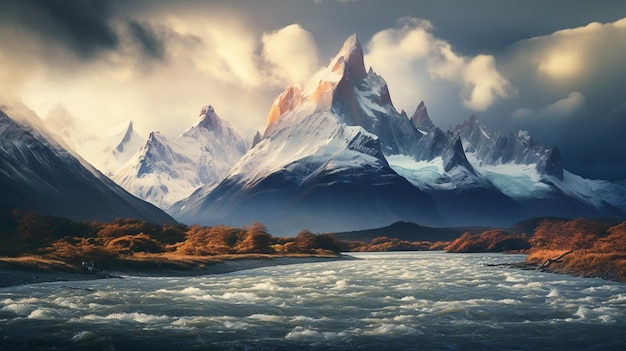 A landscape of mountains with a lake and clouds.