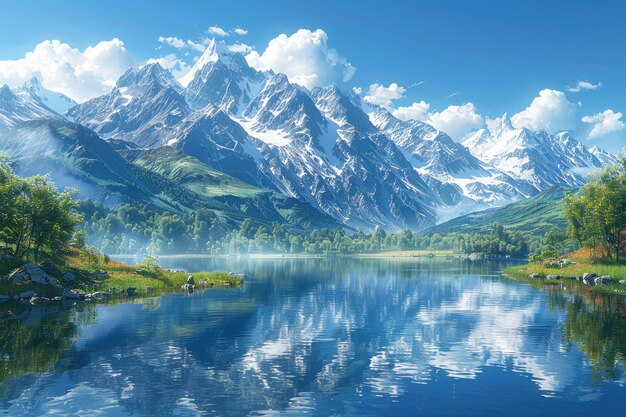 Пейзаж гор с озером на переднем плане