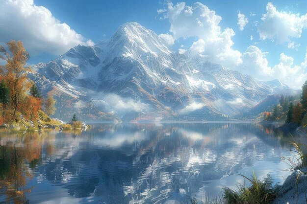 Photo a landscape of mountains with a lake in the foreground