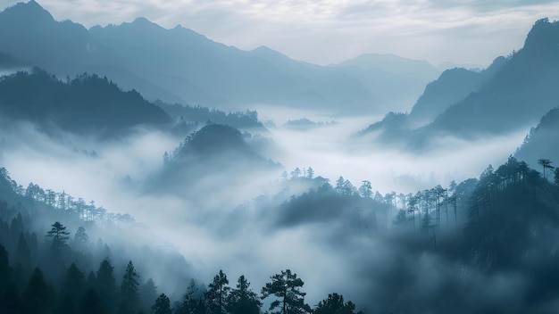 Foto paesaggio di mistica foresta nebbiosa