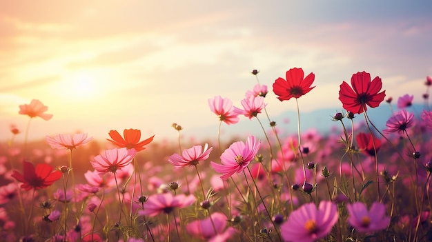 美しいピンクと赤の花の風景、自然の背景