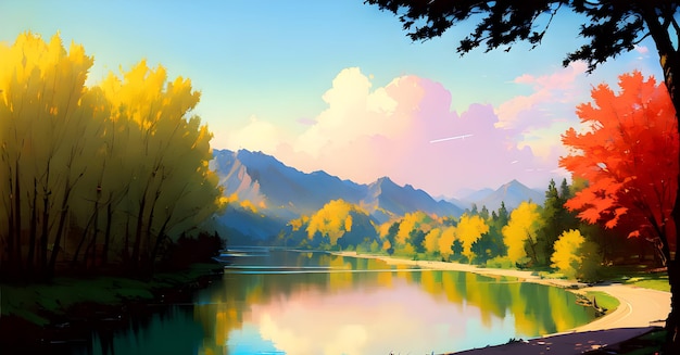 Landscape Nature Beautiful River stream in the forest colorful fields of flowers clouds Generative AI for instagram facebook wall painting