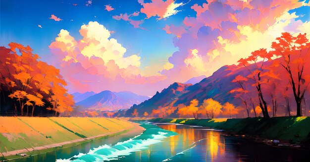 Landscape Nature Beautiful River stream in the forest colorful fields of flowers clouds Generative AI for instagram facebook wall painting