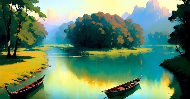 Landscape Nature Beautiful River stream in the forest colorful fields of flowers clouds Generative AI for instagram facebook wall painting