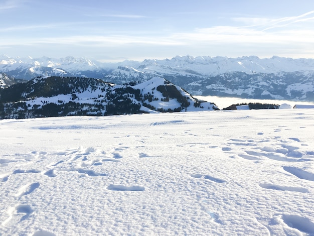 Paesaggio e natura alla valle di grindelwald con le nuvole, il cielo blu e innevato nella stagione invernale svizzera alpina.