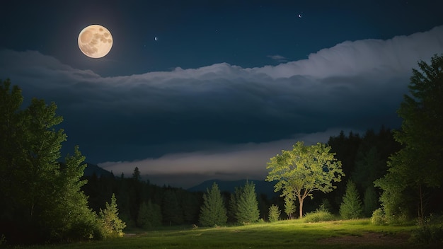 Landscape night forest and moon