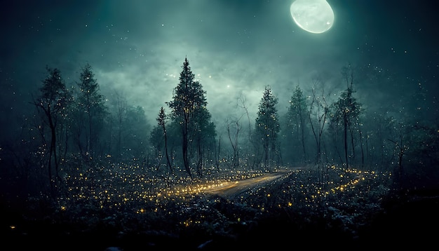 Landscape of a night forest with dark trees and a road fireflies shining in the dark under the moonlight 3d illustration