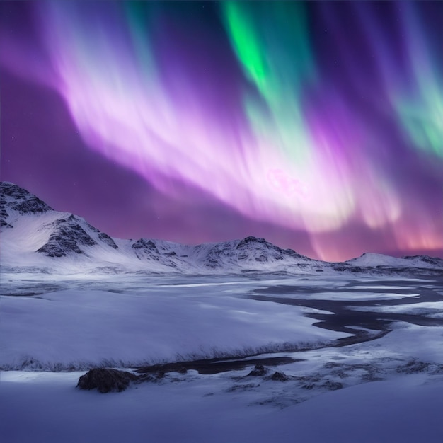 Photo landscape of northern lights dancing on snowy mountains illustration