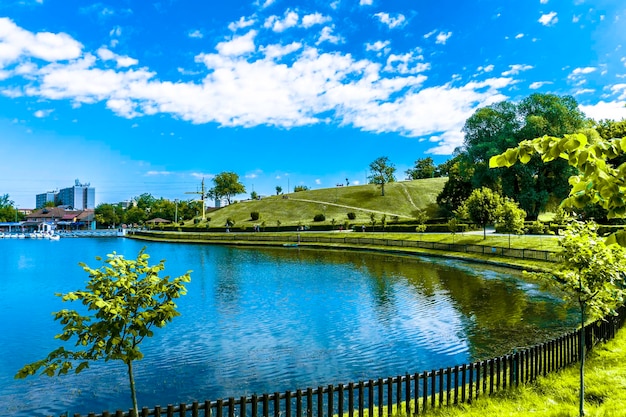 ルーマニア、ブラショフの町の夏の Noua 湖と植生の風景