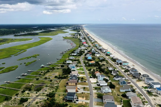Landscape of the Oak Island surrounded by the sea in North Carolina, the US