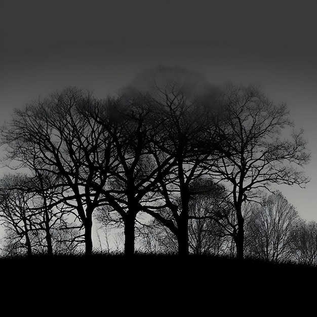 Landscape oak treeline silhouette in black color with gray background peaceful impressive nature