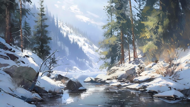 Фото Пейзаж спокойной зимы в стиле классической живописи