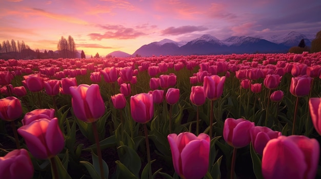 Фото Пейзаж полей розовых тюльпанов, солнечный свет, сияющий на полях тюльпанов, и гора на закате на заднем плане генеративный ии