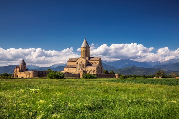 Landscape of an old church on a green field