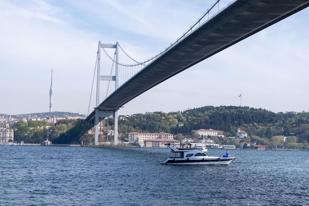 Landscape of the one side of the Bosphorus and a boat passing by