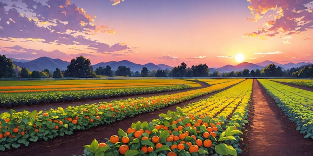 Landscape Orange farm in the dusk with pink sky background