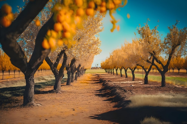 A landscape of orange trees with the word peaches on the bottom.