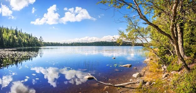 Landscape overlooking a beautiful northern lake with reflections on Anzer Island Solovetsky Islands