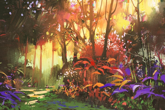 日光と美しい森の風景画、イラスト | Premium写真