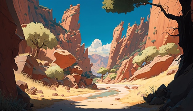 A landscape painting of a canyon with mountains in the background.