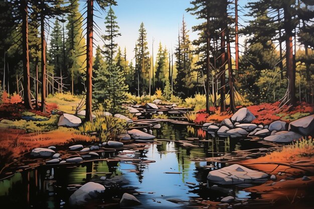 Photo landscape painting of creek in forest