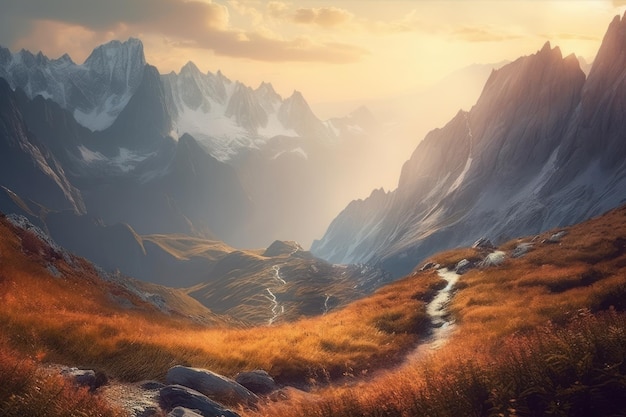 A landscape painting of a path leading to a mountain range.