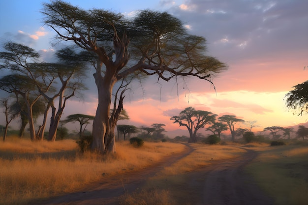 A landscape painting of a road in the african savannah