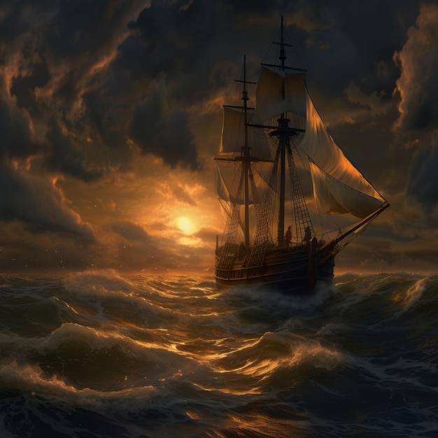 海に浮かぶ船の風景画 美しいイラスト画像 生成AI