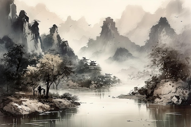 Photo a landscape painting in the traditional chinese style ink washes depicting mountains and a river the painting captures the essence of the genre evoking a sense of tranquility generative ai