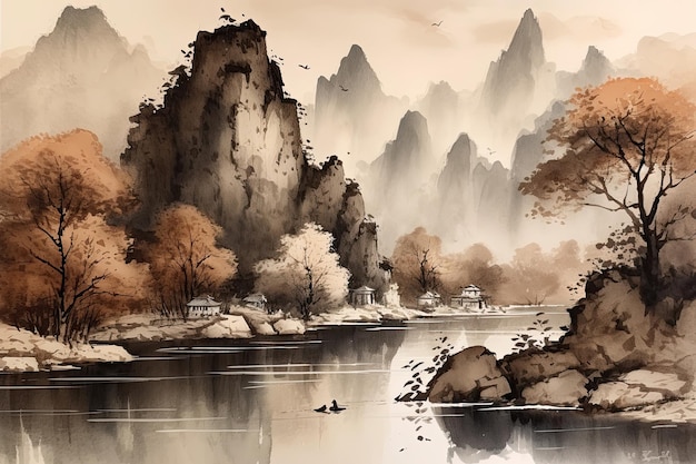 A landscape painting in the traditional Chinese style ink washes depicting mountains and a river The painting captures the essence of the genre evoking a sense of tranquility Generative AI