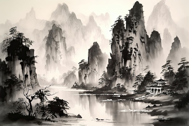 山と川を描いた伝統的な中国風の水墨画の風景画 静けさを 山と川を描いた伝統的な中国風の水墨画の風景画 静けさを