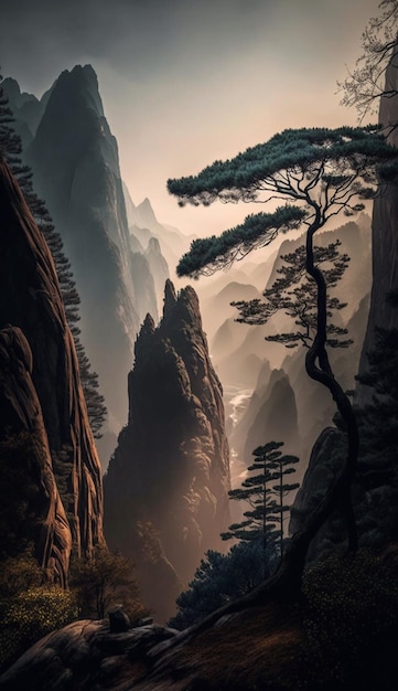 A landscape painting with a tree in the foreground and mountains in the background.