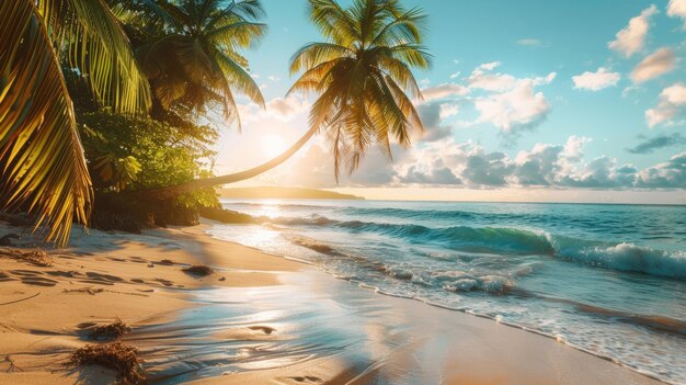 Photo landscape of palm trees at sunset sea
