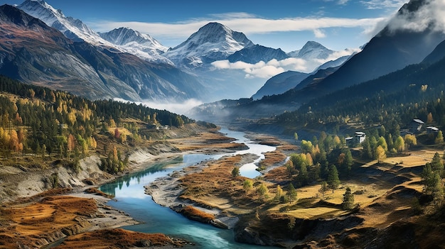 landscape panorama drone view indian summer in the mountains alpine landscape rocks river and autumn forest