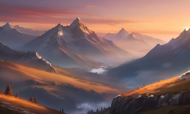 Landscape panorama of mountains in sunset