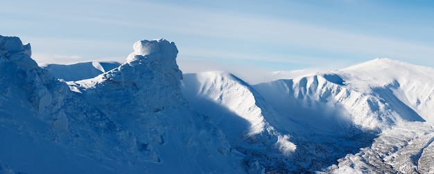 Landscape panorama the mountains in winter. Frosty day. Carpathian mountains, Ukraine