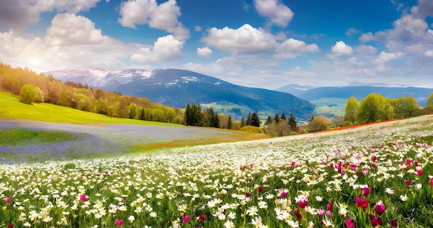 Photo landscape panorama with flowering flowers on meadow