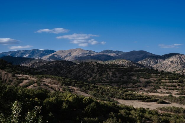 Landscape panorama with mountains in summer under blue sky