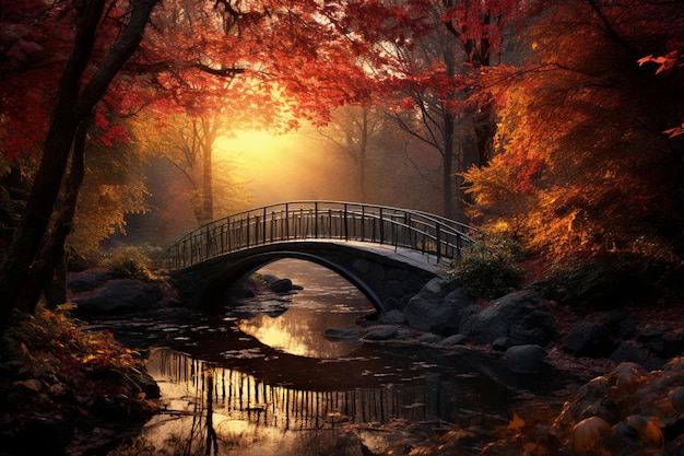 Landscape in a park with a bridge in autumnOil painting High quality photo