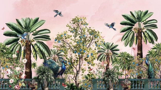 Landscape pattern for a garden of trees flowers palms beautiful birds parrot peacock and butterflies