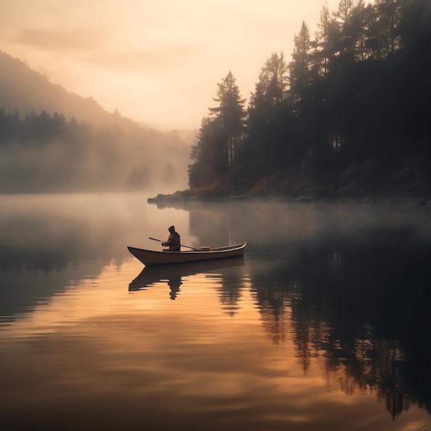 Landscape a Person Peacefully Rowing a Boat on a Calm Lake Peaceful impressive nature