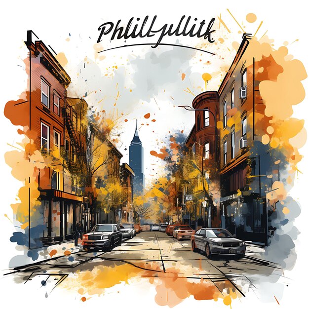 Photo landscape of philadelphia text with bold and industrial inspired typograp clipart watercolor art