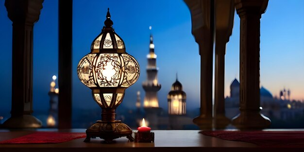 Landscape photo of an Islamic lantern with mosque in background for Eid ul fitr and Ramadan Mubarak