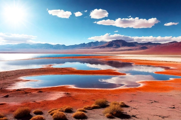 Landscape photo of Laguna Colorada lake with dry vegetation at Andes mountains background Scenery vi