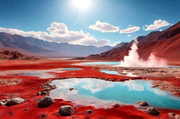 Photo landscape photo of laguna colorada red lake with dry vegetation and geysers at andes mountains scene