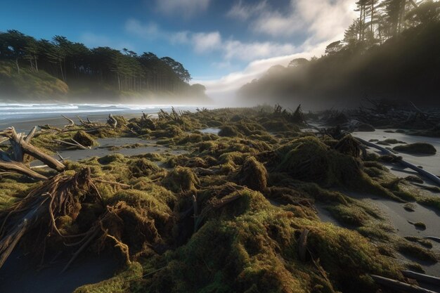 A landscape photograph of a beach with trees and moss