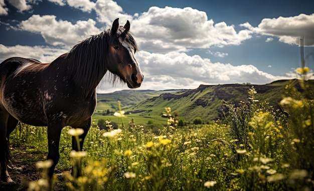 Landscape photograph of a horse grazing in a meadow