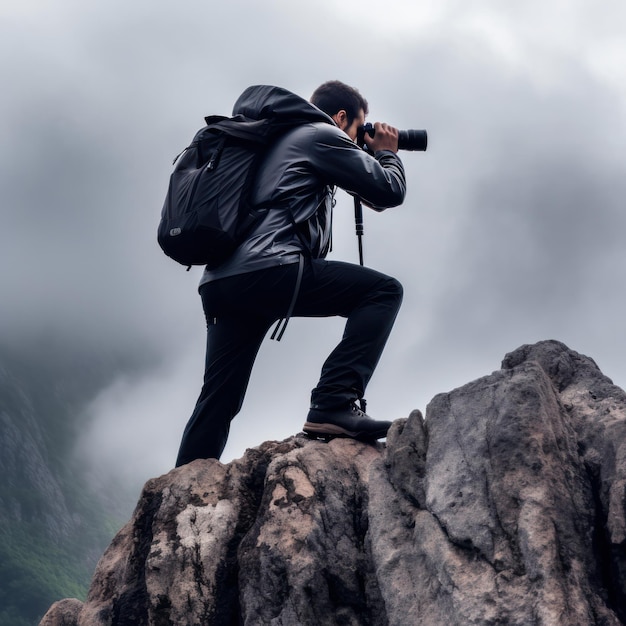 Foto fotografo paesaggista su una montagna rocciosa