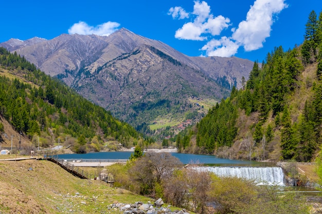 Photo landscape  pine forest and waterfall at dagu glacier national park ,chengdu, china